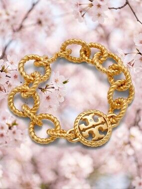 Tory Burch Twisted Rope-Link Gold Logo Medallion Bracelet